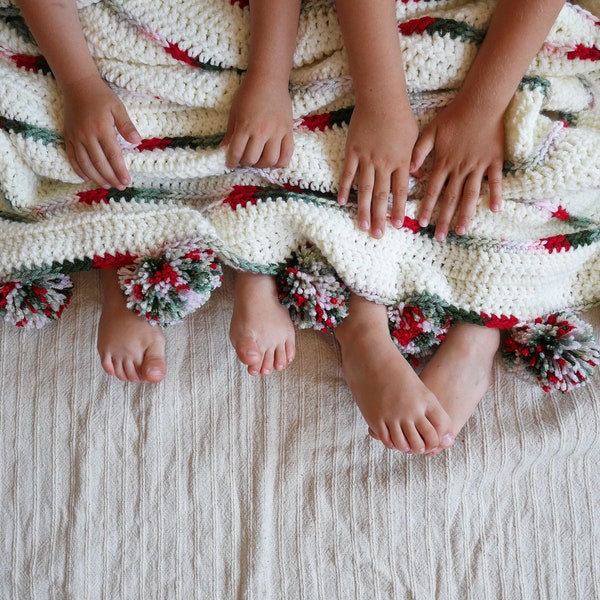 Christmas blanket crochet pattern, crochet blanket pattern, Christmas crochet throw, pom pom blanket, farmhouse crochet, afghan pattern