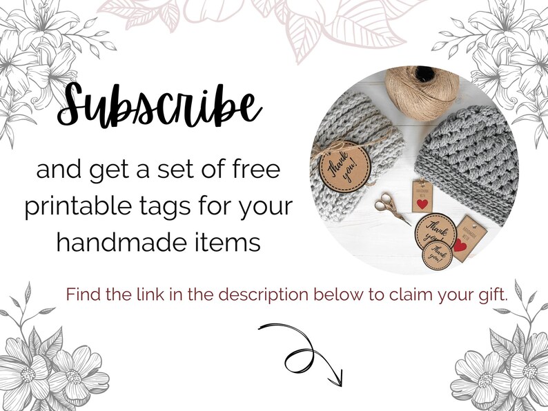 Puede incluir: Imagen con el texto "Subscribe" y "y obt&eacute;n un conjunto de etiquetas imprimibles gratuitas para tus art&iacute;culos hechos a mano." La imagen tambi&eacute;n muestra dos gorros de punto grises, etiquetas que dicen "Thank you!" y unas tijeras.