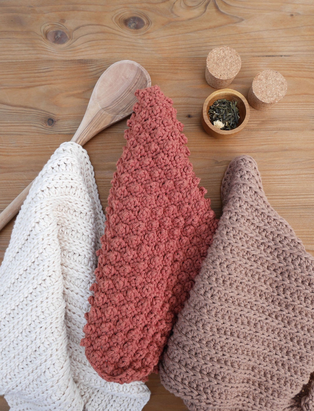 Rustic Tea Towel Collection, Set of 3 Dish Towel Patterns and Crochet Dishcloths, Crochet Washcloth Pattern, Crochet Hand Towel