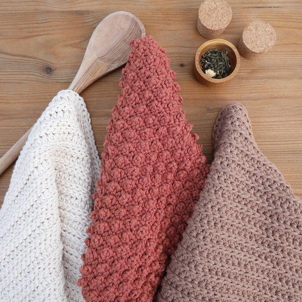 Rustic tea towel collection, set of 3 dish towel patterns and crochet dishcloths, crochet washcloth pattern, crochet hand towel