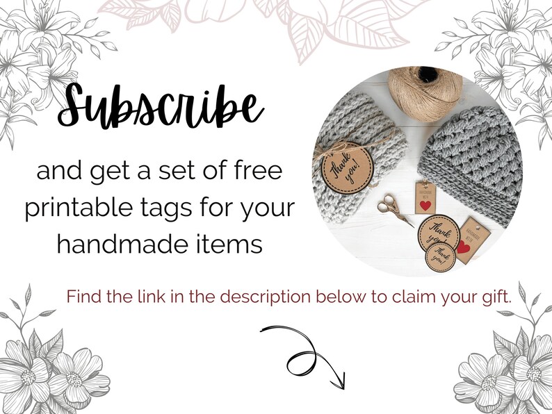 Puede incluir: Suscr&iacute;bete y obt&eacute;n un conjunto gratuito de etiquetas imprimibles para tus art&iacute;culos hechos a mano. Encuentra el enlace en la descripci&oacute;n a continuaci&oacute;n para reclamar tu regalo. La imagen muestra un conjunto de etiquetas de papel marr&oacute;n con el texto "&iexcl;Gracias!" impreso en ellas, una bola de hilo, un par de tijeras y dos gorros tejidos a crochet.