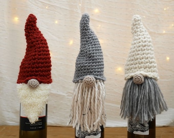 Crochet gnome wine bottle cover pattern, gnome wine bottle topper, easy crochet Christmas gifts, great stocking stuffer