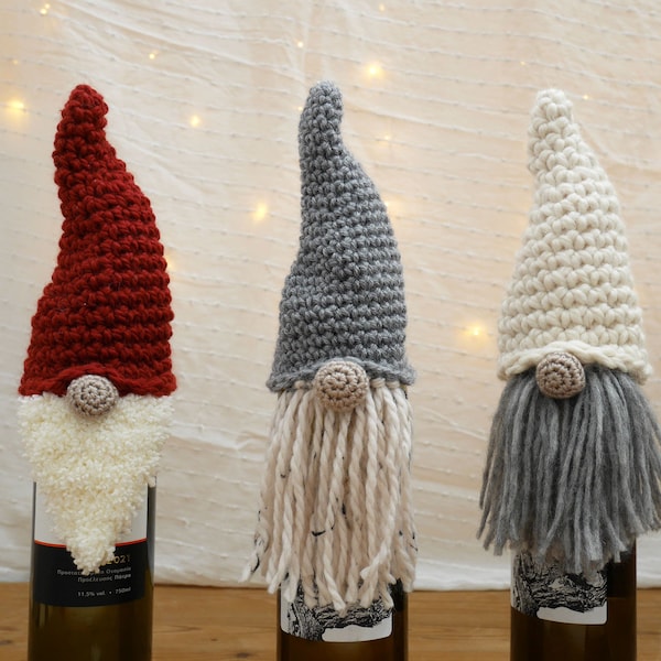 Crochet gnome wine bottle cover pattern, gnome wine bottle topper, easy crochet Christmas gifts, great stocking stuffer