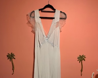Vintage Rayon Lace Bias Cut Slip Pale Blue/Grey Larger Size Dress