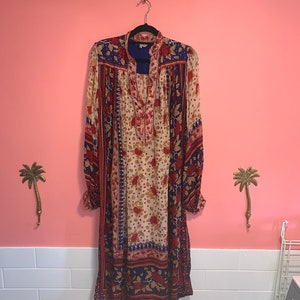 シルクRitu Kumar for Judith Ann ぼたん花柄ワンピース Vintage 1970s Ritu Kumar For Judith Ann Blue & Orange Silk