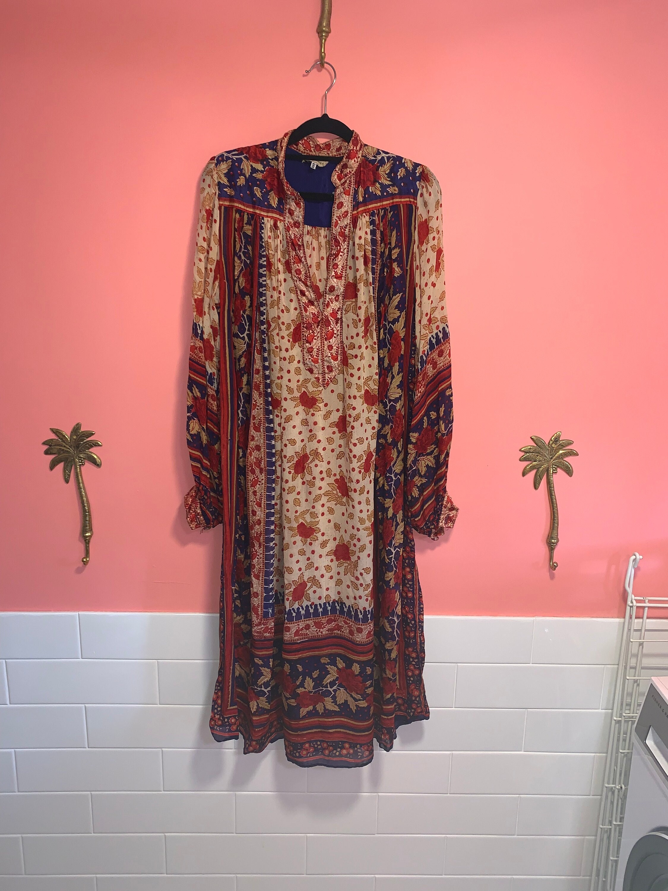 シルクRitu Kumar for Judith Ann ぼたん花柄ワンピース Vintage 1970s Ritu Kumar For Judith Ann Blue & Orange Silk