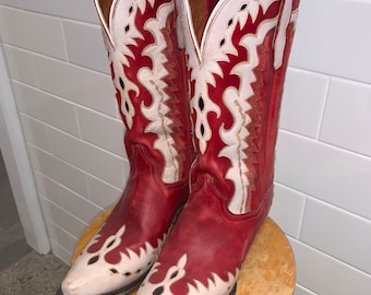 Vintage Rare Dan Post Womens Cowboy Boots Red White Distressed Heel Size 9