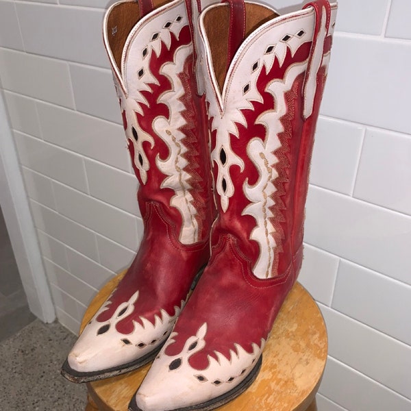 Vintage Rare Dan Post Womens Cowboy Boots Red White Distressed Heel Size 9