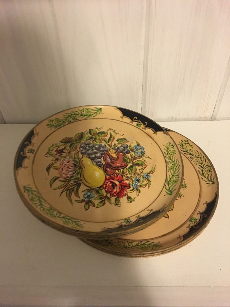 Hand Painted Fruit and Flowers Wooden Plates Set of 6