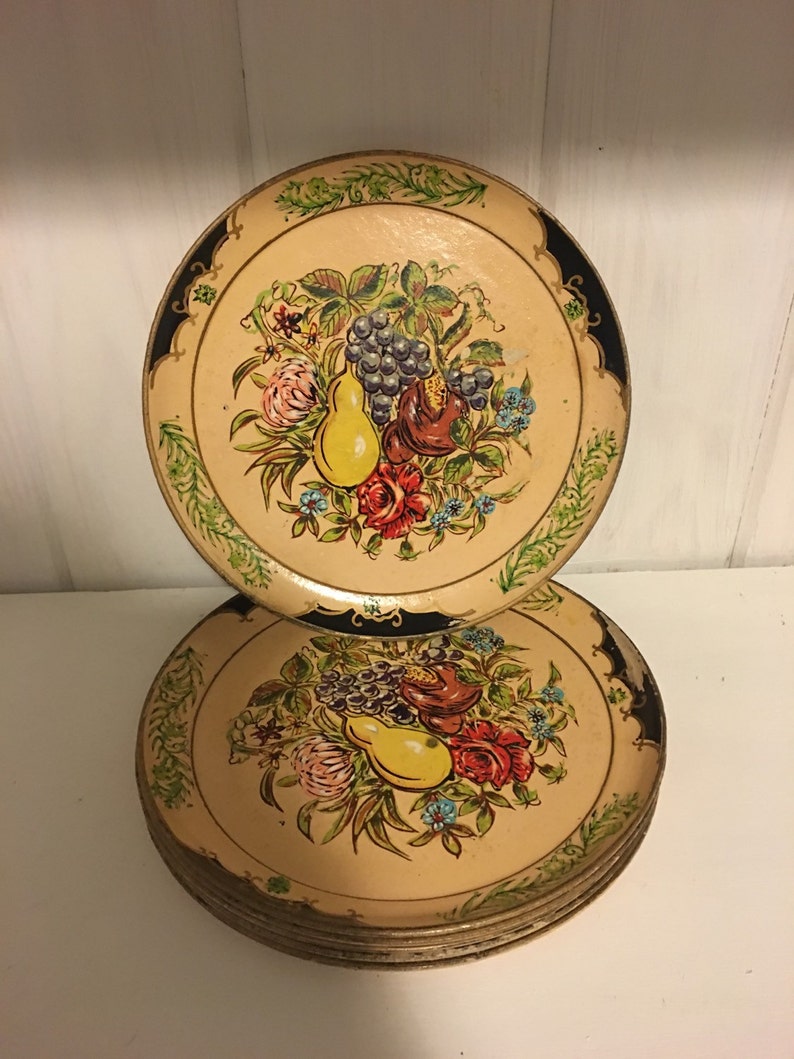 Hand Painted Fruit and Flowers Wooden Plates Set of 6