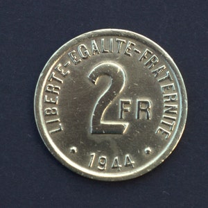 Rare old French currency- 2F &quot;France&quot;- 2 Francs 1944/Philadelphie- Coin - Collection