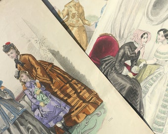 French Color Engraving- Paris Fashion 1871- Set 4 pictures- Collection- Old Papers- Wall deco