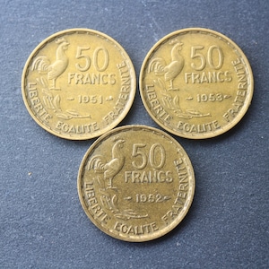 França- 50F- 50 Francs 1951/1952/1953- Guiraud/Coq/sem carta- Moeda- Numismática - Coleção