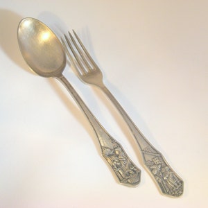 Сutlery Set Birth Set spoon and fork in silver metal Child Art-table Child-decorated