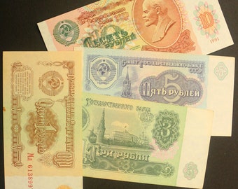 Lot 4 billets- 1+3+5+10 roubles 1961- Russie- Argents de poche- Ancienne USSR- Collection