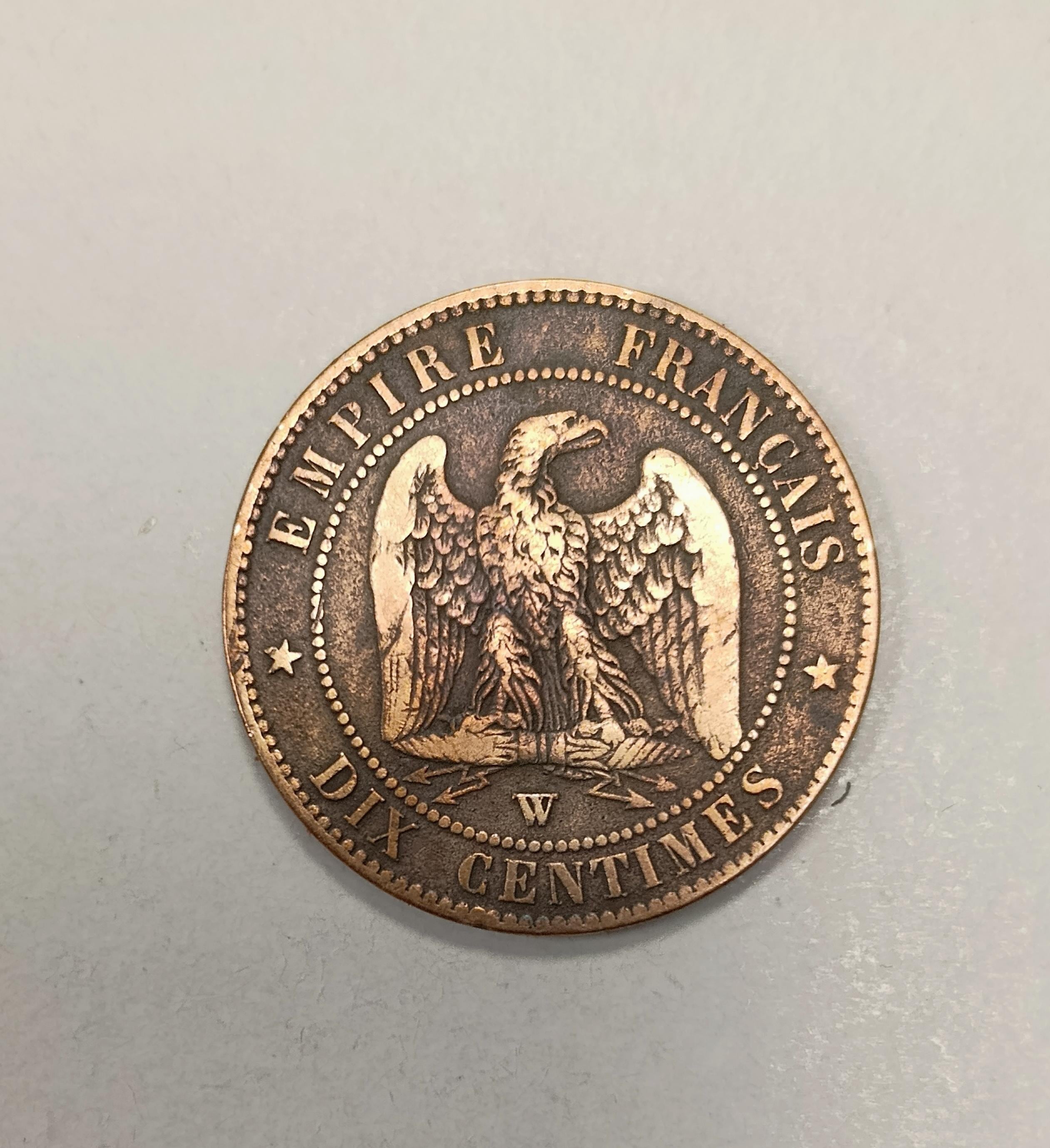 フランス - 10サンチーム 1855年 W - ナポレオン3世タイプ - 裸頭 - 旧