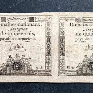 Assignat 15 Sols- France Révolution- L&#39;An 2 de République- 1793- Billet ancien de France- XX siècle- Collection- Bonistique