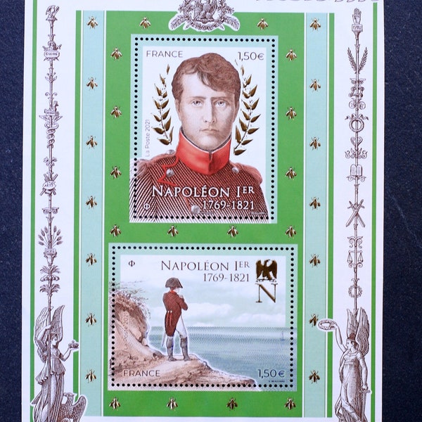 Napoleon Ier- Timbre postale commémorative- Bloc-feuillet 2 Timbres- France- Timbre officielle- Collection- Philatélique