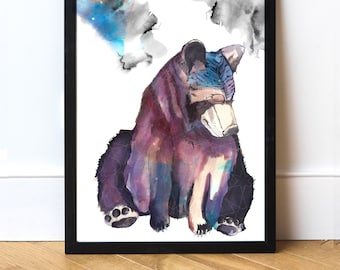 Stampa artistica dell'orso, arte dell'acquerello dell'orso dello spirito, regalo dell'amante dell'orso, orsetto bambino, arte della parete della scuola materna, regalo di 1 ° compleanno