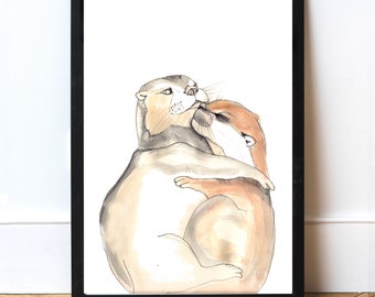 Hugging Otters Art A3 Print, Valentines Art Print, Otter lover Gift.