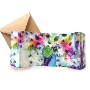 Biglietto di auguri pavone, biglietto concertina, biglietto celebrazione pavone, mini stampa artistica