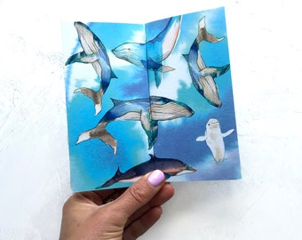 Blue Whales Concertina Greeting Card, Blue Whale Card , Ocean Lover Card , Whale Illustration, Whale Mini Art Print, Whale Lover Card
