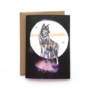 Wolf Moon A6 wenskaart, blanco binnenkant, wolf verjaardagskaart, januari verjaardagskaart, maan dier kaart, maan maanden