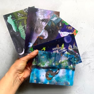 Juego de postales A6 de animales del bosque, cinco postales del bosque de cuento de hadas