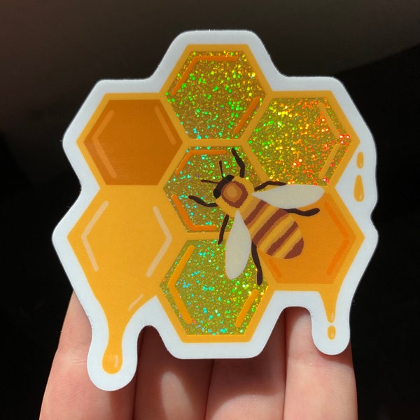 Glittery Honeybee on honeycomb vinyl sticker | holographic glitter bee sticker