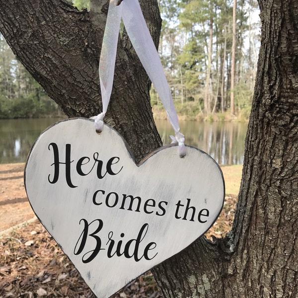 Here comes the bride wedding heart wood sign