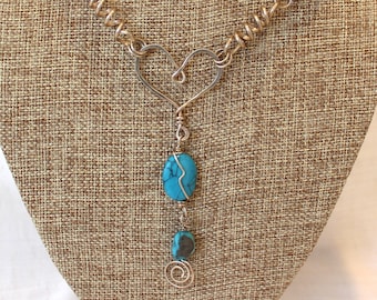 Silver Coiled half-round chain with turquoise beads and wire heart pendant with turquoise dangle