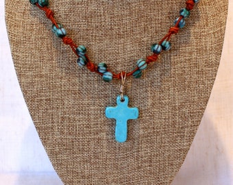 Aqua Czech glass beads knotted necklace with Turquoise cross pendant & matching earrings / Leather and cross / Turquoise cross pendant /