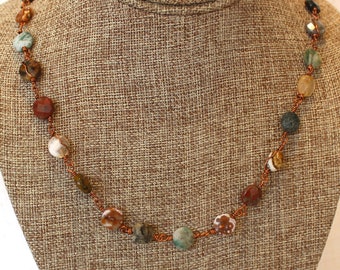 Ocean jasper & antique copper linked bead necklace/ocean jasper necklace/earth tone necklace/Brown green stone necklace/multicolor necklace