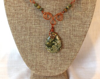 Antique copper linked with green rhyolite beads and antique copper wrapped teardrop rhyolite jasper pendant / green stone necklace