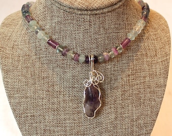 Fluorite and sterling necklace with silver wire-wrapped removable fluorite pendant and optional matching fluorite earrings/ green and purple