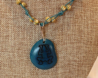 Yellow and teal Czech glass beads knotted necklace with teal taqua pendant with turtle / Leather and taqua/ Turtle pendant /