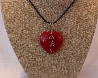 Silver Wrapped Red Stone Heart Pendant on leather/red stone heart/ wrapped red heart/ heart on leather/ Valentine's heart