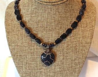 Dark Blue Sodalite and silver necklace with silver wire-wrapped sodalite heart pendant/ blue heart necklace/ blue stone necklace