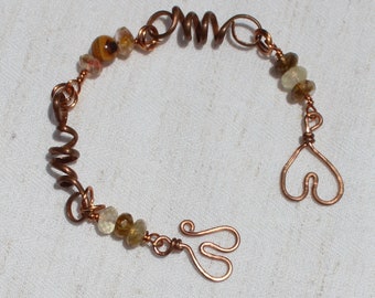 Copper "spring" link bracelet with cherry tiger quartz beads and a heart hook clasp / men's bracelet / copper bracelet/Tiger quartz bracelet