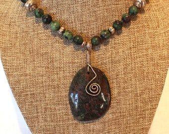 Knotted Ruby Zoisite and sterling Necklace with a ruby zoisite pendant/ green and red stone necklace/ green necklace/ knotted necklace