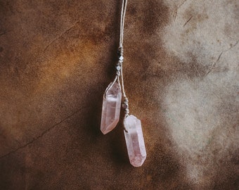 double rose quartz crystal necklace | adjustable silk lariat necklace | minimalist raw cut crystal necklace