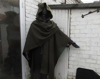 Ruana wrap poncho hooded cape  wool blend, wool look warm fabric. Many coloursWoodland Elf cape long 45inches handmade by maria