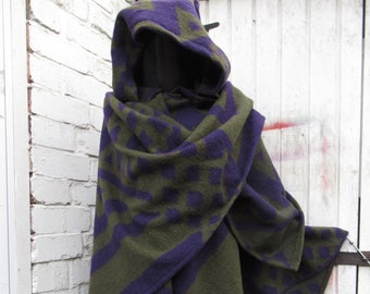 Wool wrap ruana hooded cape 32&quot; Black Rust Petrol Olive boiled wool