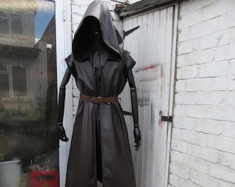 Sith coat hooded tunic dark brown , black, cream faux leather surcoat