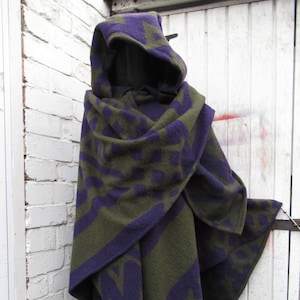 Wool wrap ruana hooded cape 32&quot; Black Rust Petrol Olive boiled wool