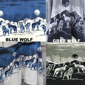 May include: Two fleece blankets with a wolf and moon design. The top left blanket is blue with white wolves and a white moon. The top right blanket is gray with black wolves and a black moon. The bottom left blanket is blue with white wolves and a white moon. The bottom right blanket is gray with black wolves and a black moon.