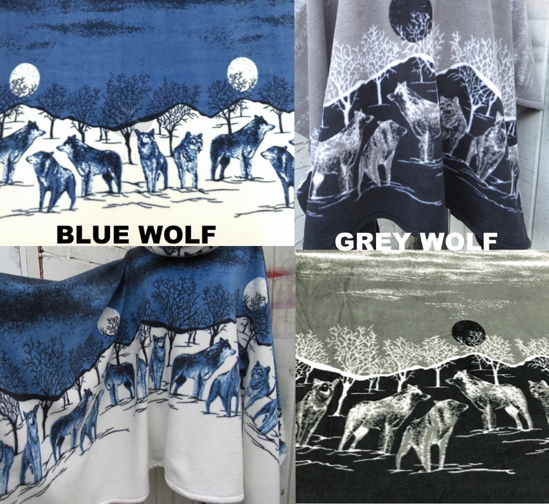 May include: Two fleece blankets with a wolf and moon design. The top left blanket is blue with white wolves and a white moon. The top right blanket is gray with black wolves and a black moon. The bottom left blanket is blue with white wolves and a white moon. The bottom right blanket is gray with black wolves and a black moon.