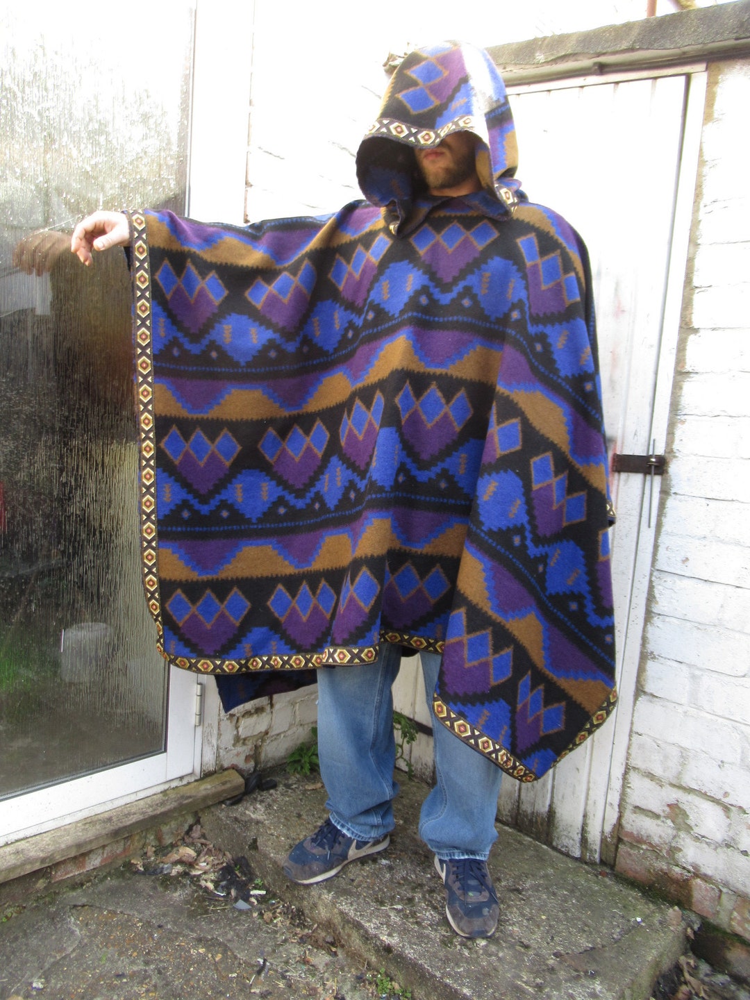 Native Wrap Poncho Wool Blend Wanderer Cape Aztec Navajo Traveler Cape ...