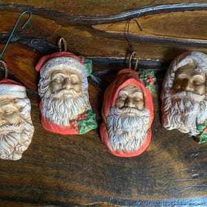 Ceramic Vintage Lot of 4 Santa Head Ornaments Hand Painted