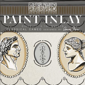 May include: A set of eight 12x16 inch paint-inlay sheets featuring a classical cameo design. The sheets are designed by Annie Sloan and feature a grey background with a brown and white cameo design.
